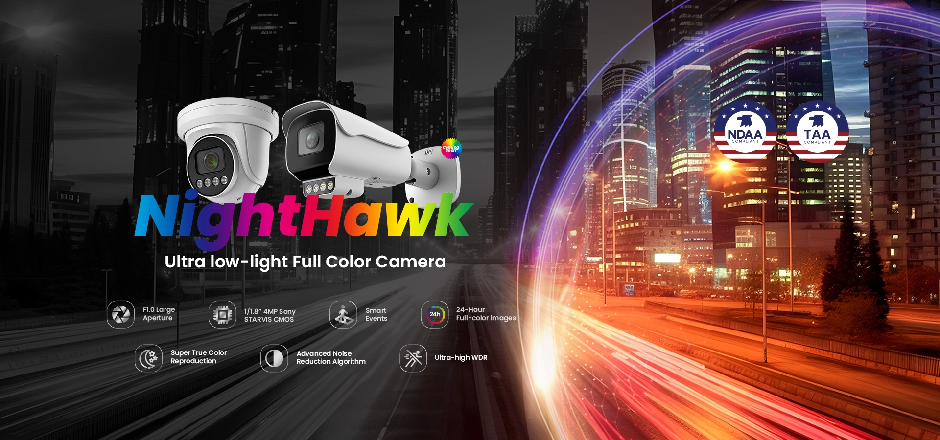 Máy ảnh viên đạn đủ màu thông minh siêu nhẹ sunell Nighthawk-Chụp ảnh rõ nét trong môi trường ánh sáng cực thấp, tất cả đều không cần ánh sáng bổ sung làm mờ chuyển động tối thiểu.